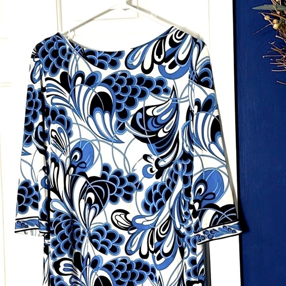 Women’s Averardo-Bessi Italian Made Floral Blue Black & White Mid Length Dress - Picture 2 of 9